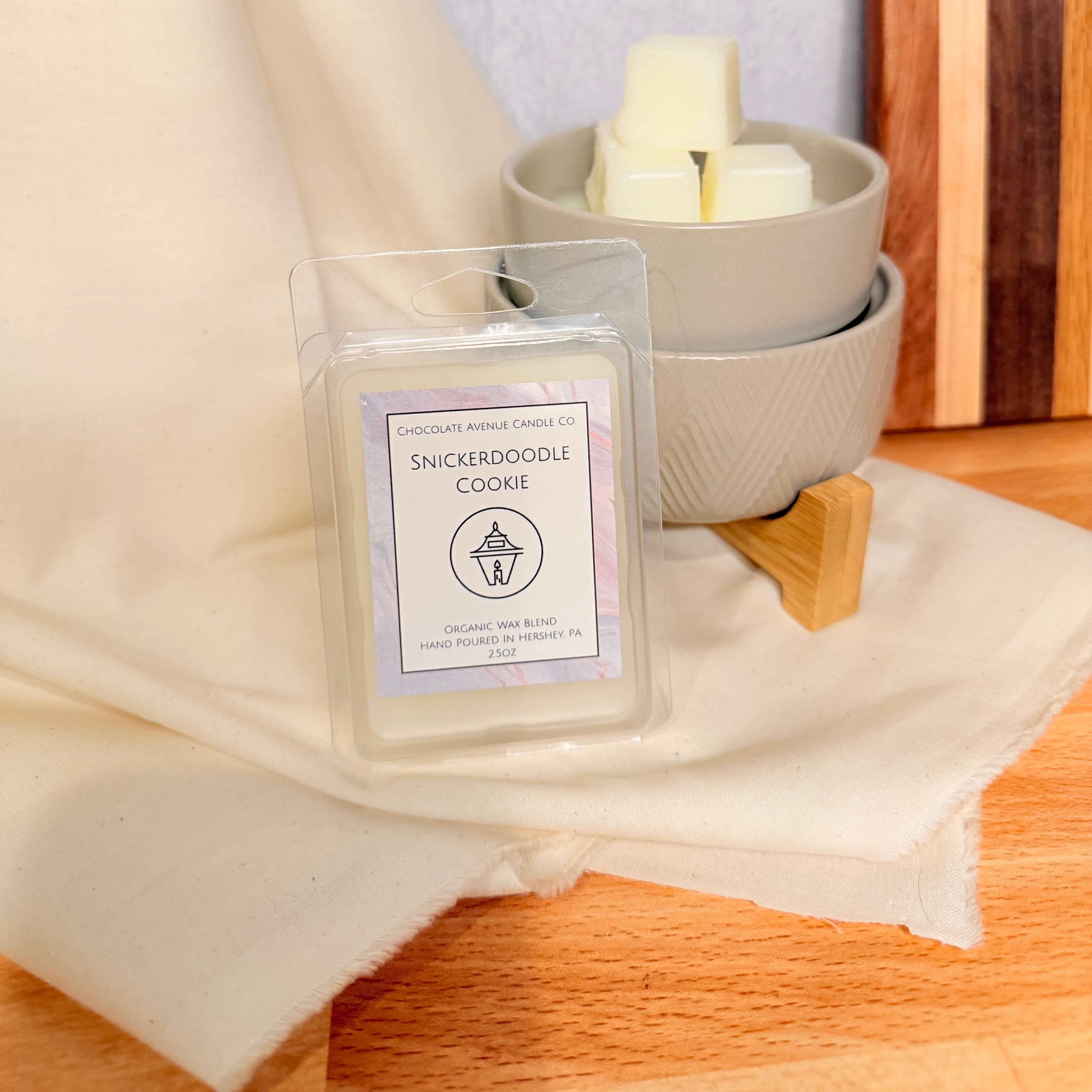 Snickerdoodle Cookie wax melt with vanilla, buttery sugar, and cinnamon notes.