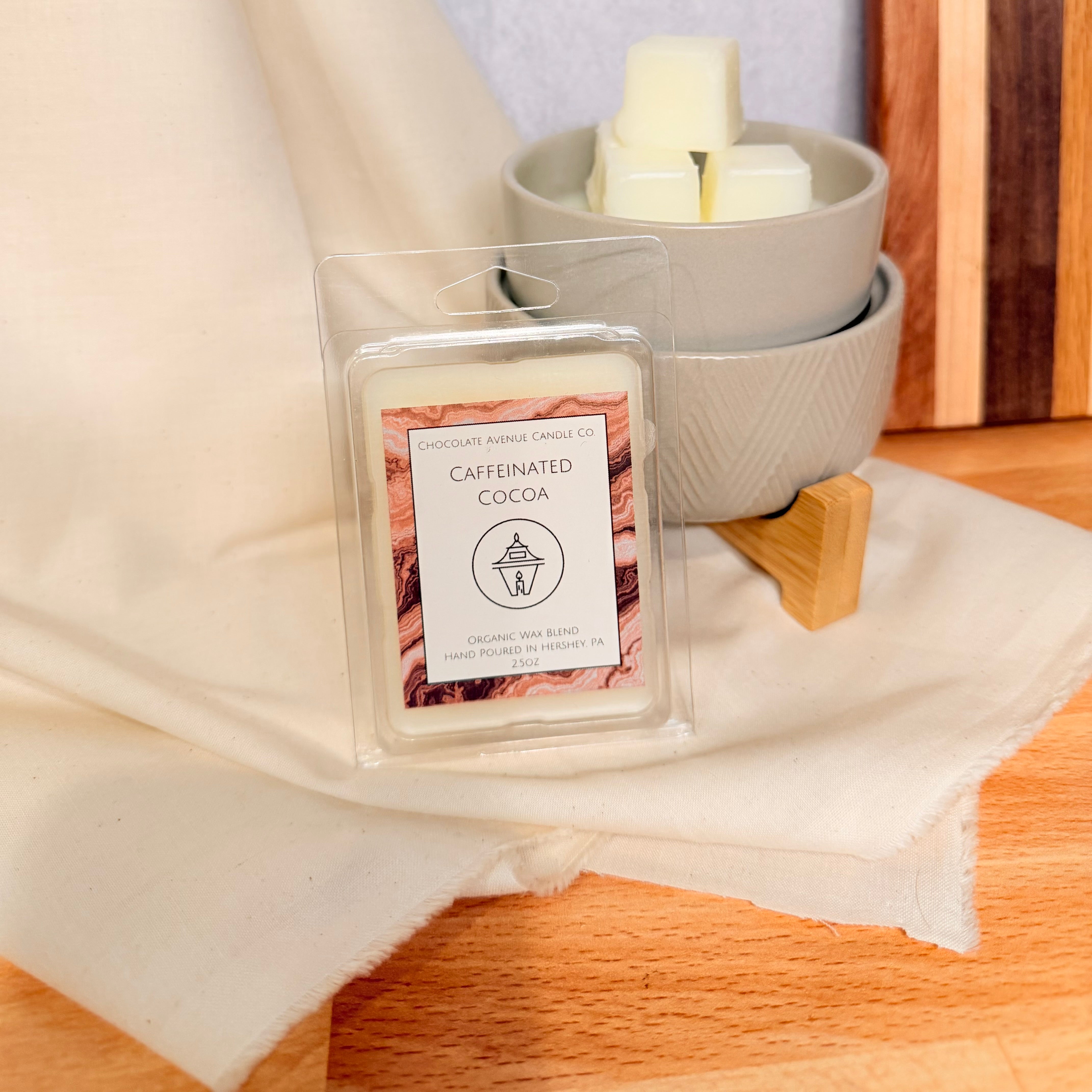 Caffeinated Cocoa wax melt with espresso and dark chocolate notes.