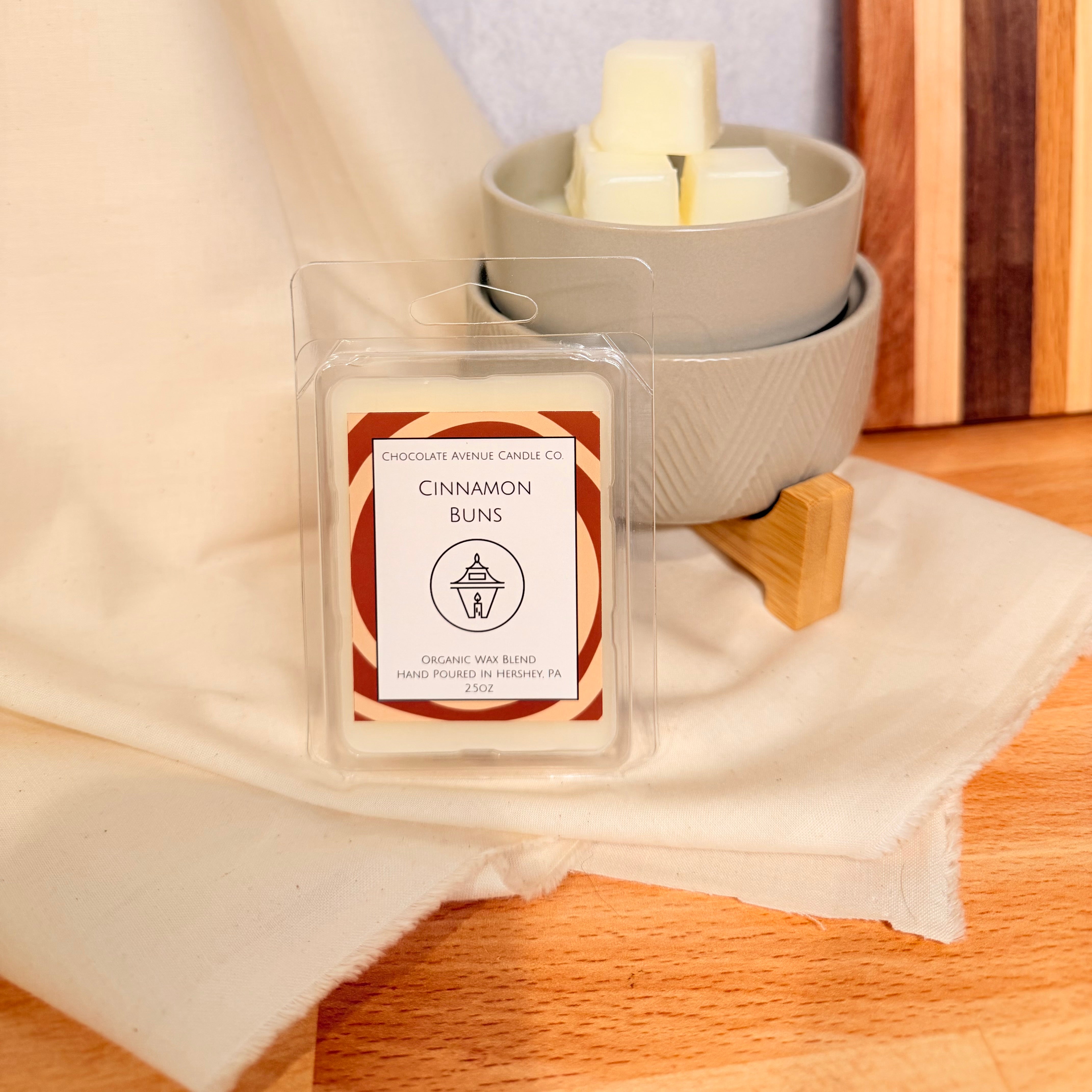Cinnamon Buns wax melt with warm cinnamon, vanilla, and buttery pastry bakery notes.
