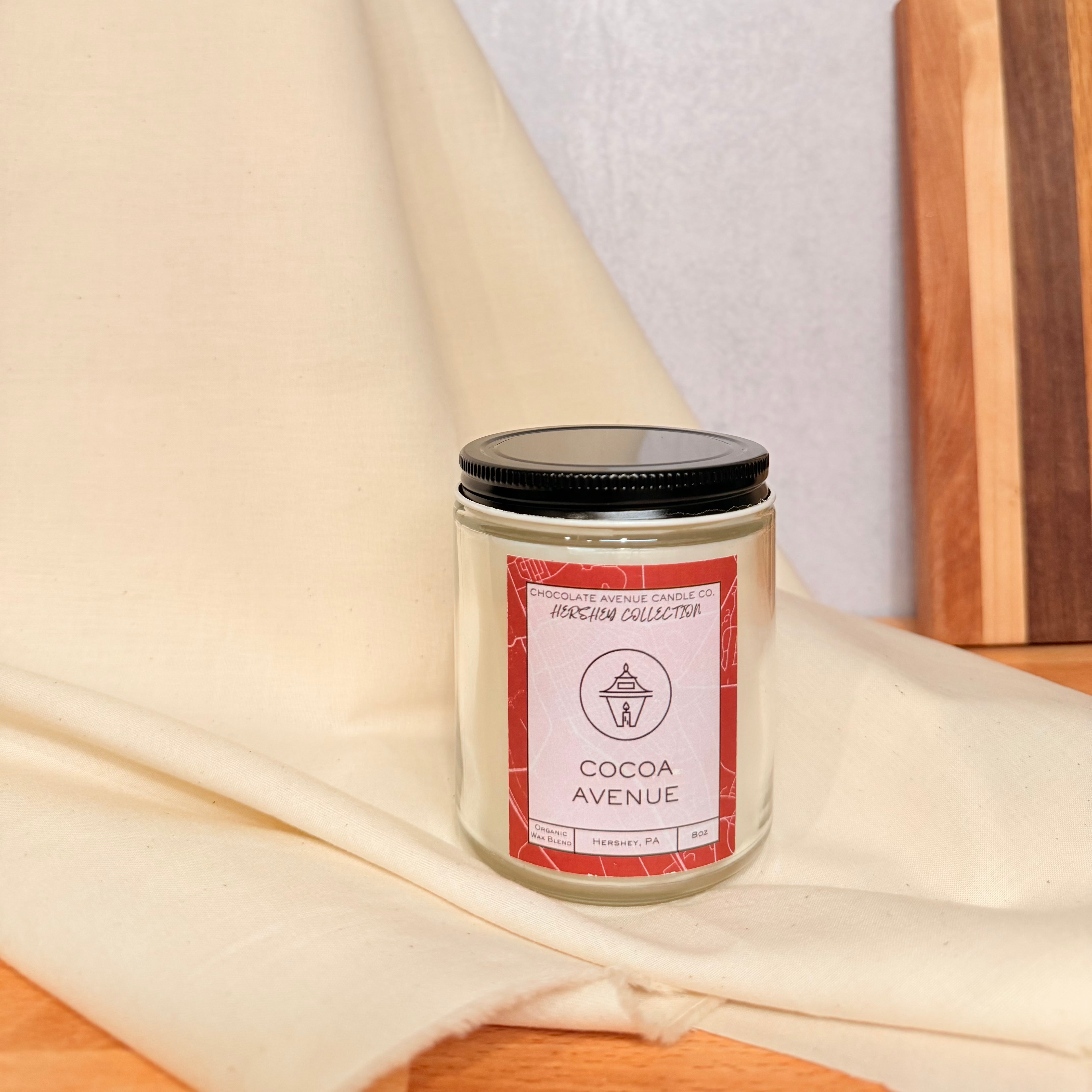 Cocoa Avenue candle with peppermint, chocolate, and coffee mocha fragrance notes.