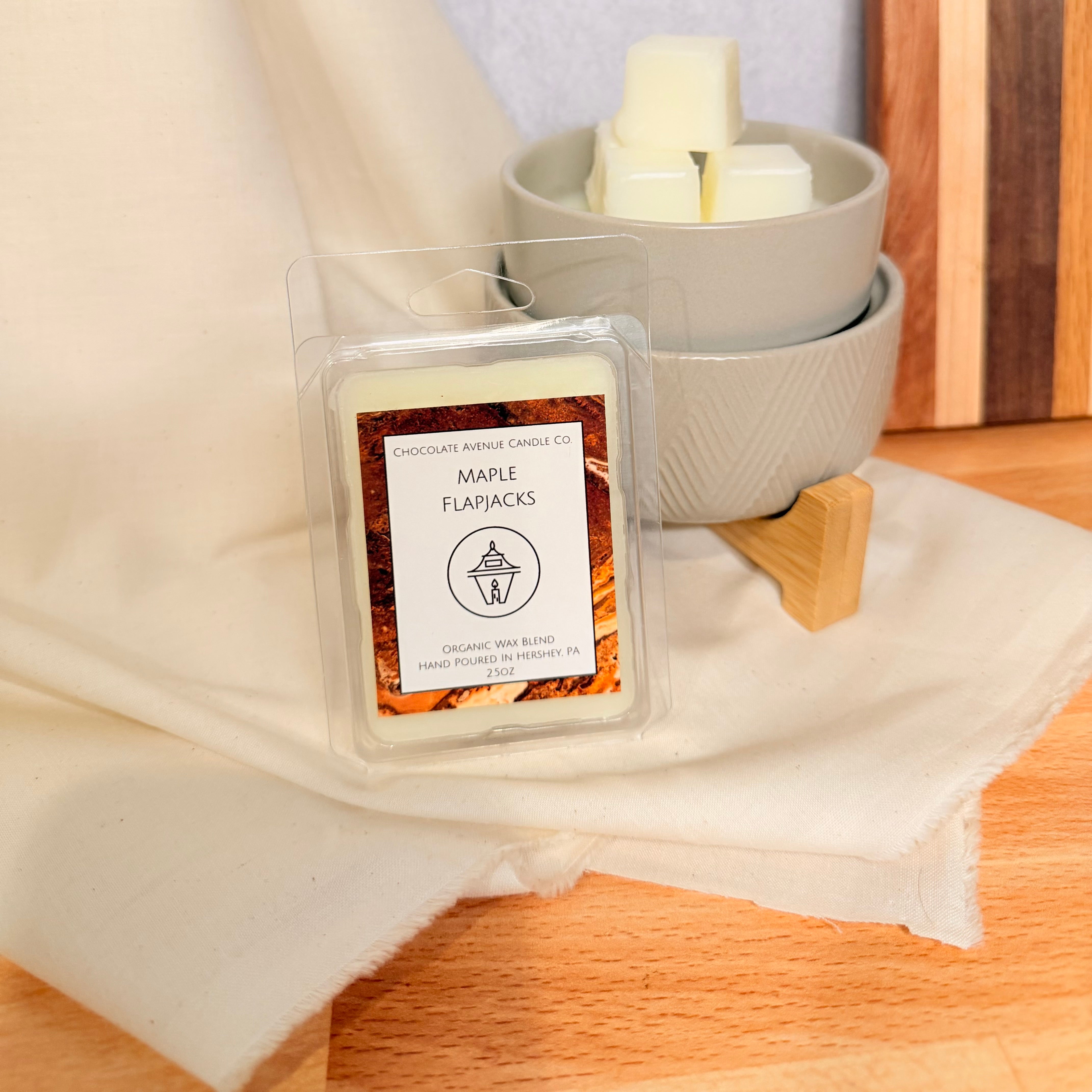 Maple Flapjacks wax melt with buttery pancake and sweet maple syrup notes.